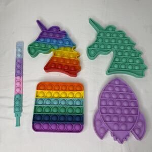Pop It Fidget Toys 5pc Silicone Sensory Bubble Unicorn Rocket Rainbow Bracelet